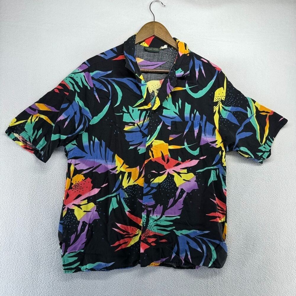 Vintage Boundary Waters Hawaiian Shirt Mens XL Black USA Rayon Cropped Altered